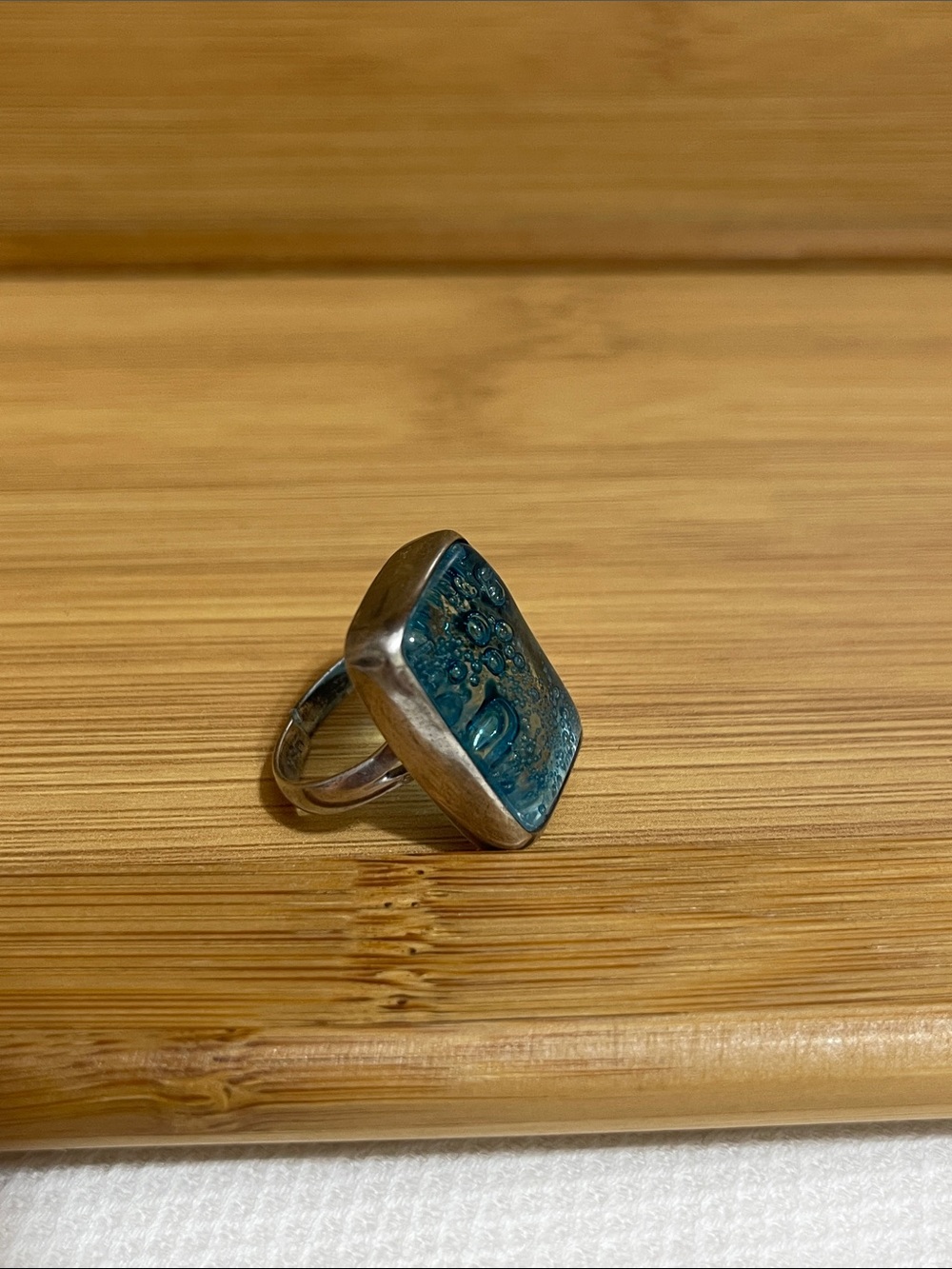 Sterling Silver Ring with Teal Enamel Rectangle
